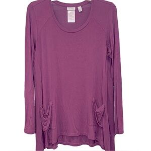 LOGO by Lori Goldstein Size M Berry Wine V-neck Tee Long Sleeves Pocket Detail